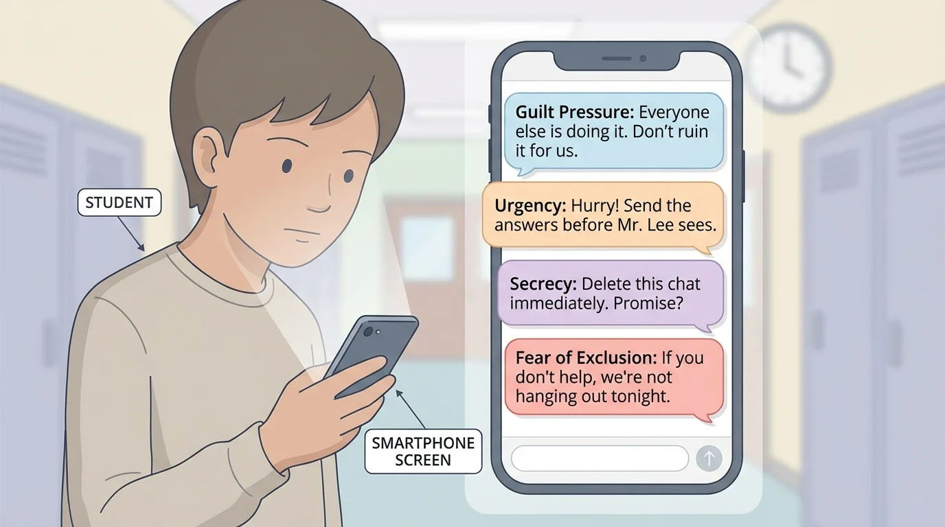 student looking at a phone with message bubbles showing guilt pressure, urgency, secrecy, and fear of exclusion from friends