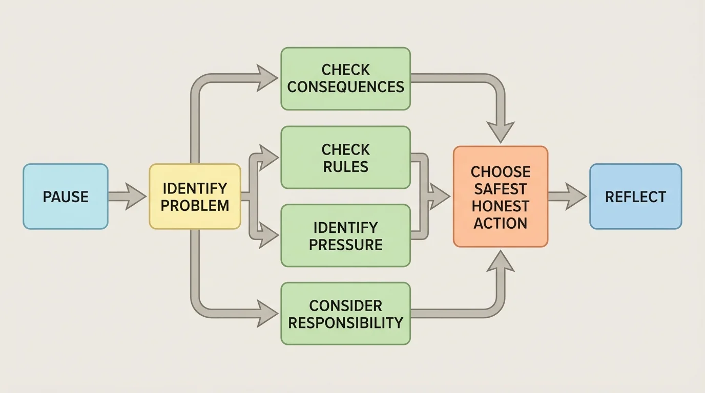 flowchart showing steps pause, identify problem, check consequences, check rules, identify pressure, consider responsibility, choose safest honest action, reflect