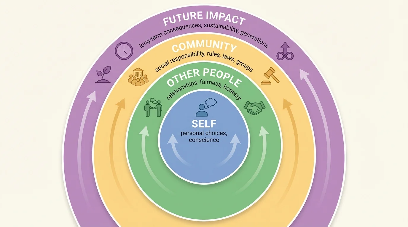 concentric circles labeled self, other people, community, future impact to show widening responsibility