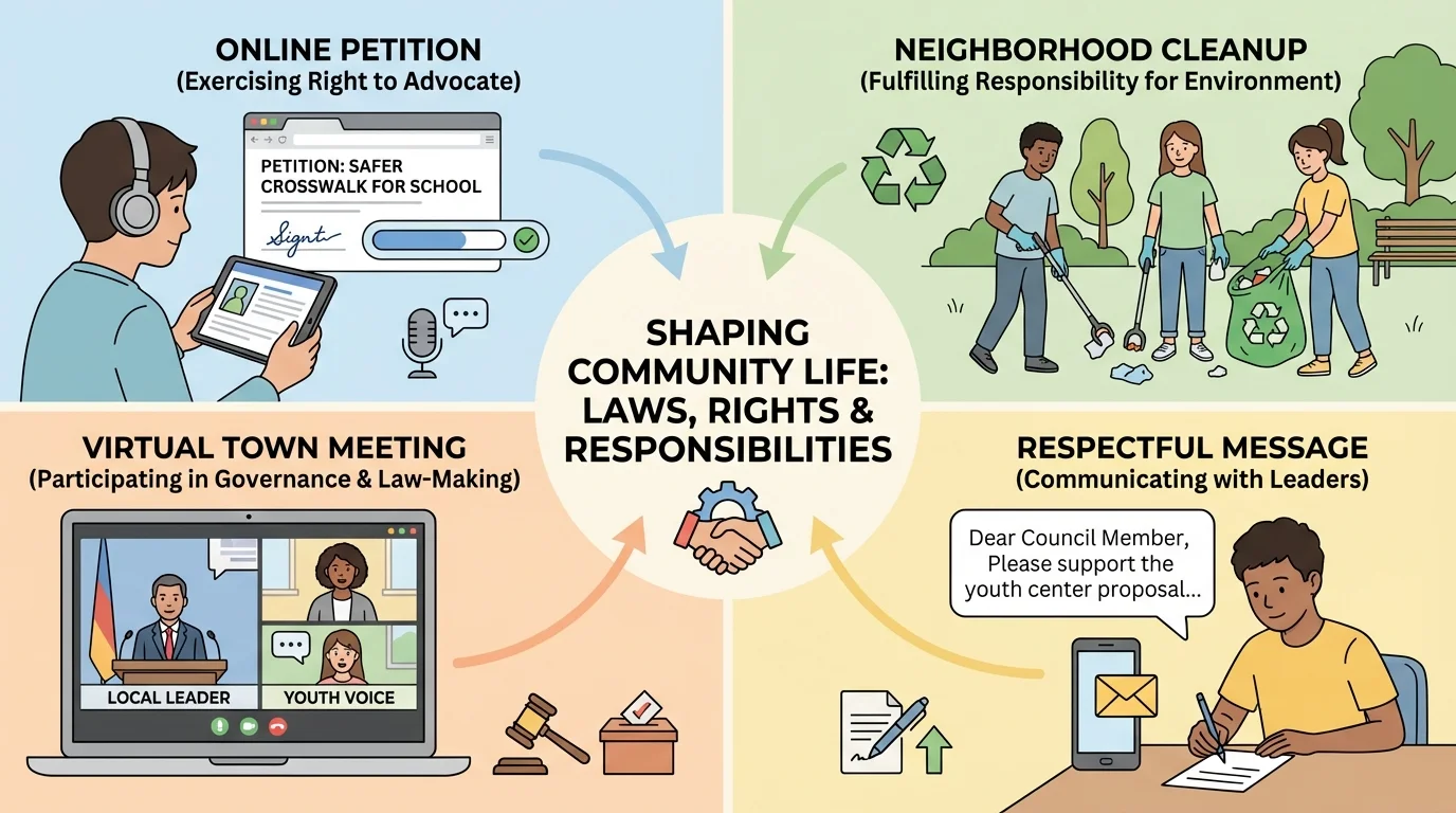 Illustration of a young person participating in community life through an online petition, neighborhood cleanup, virtual town meeting, and respectful message to a local leader