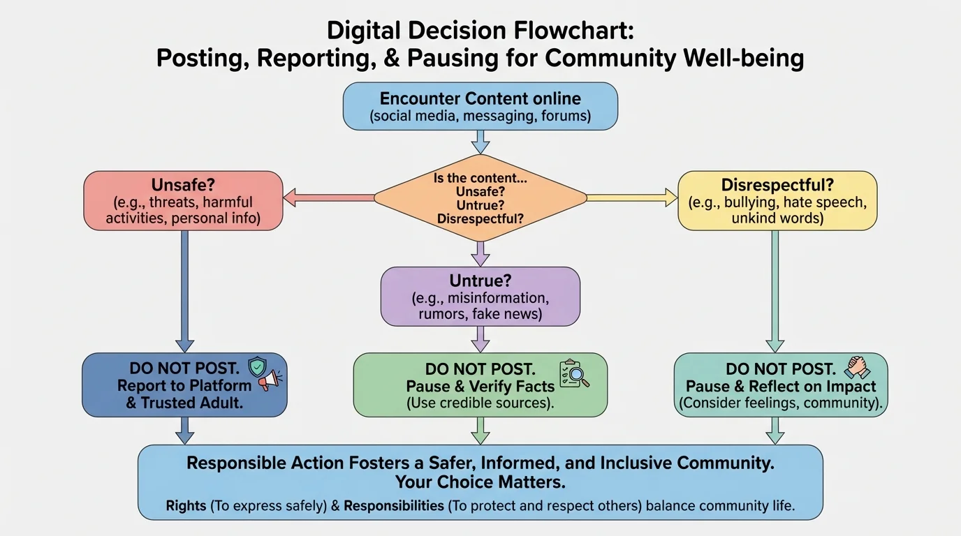 Decision flowchart for a young person deciding whether to post, report, or pause when content may be unsafe, untrue, or disrespectful