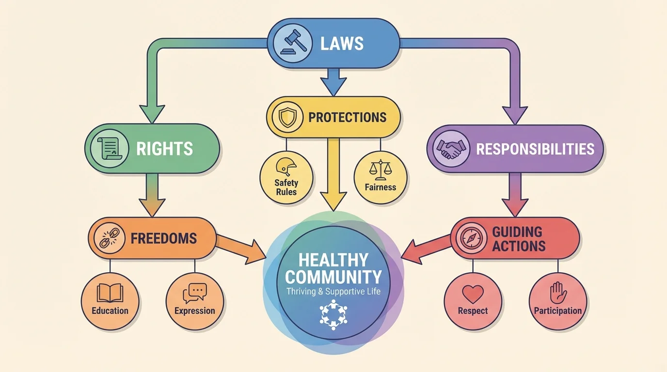 Flowchart showing laws creating protections, rights giving freedoms, and responsibilities guiding actions, all connected to a healthy community