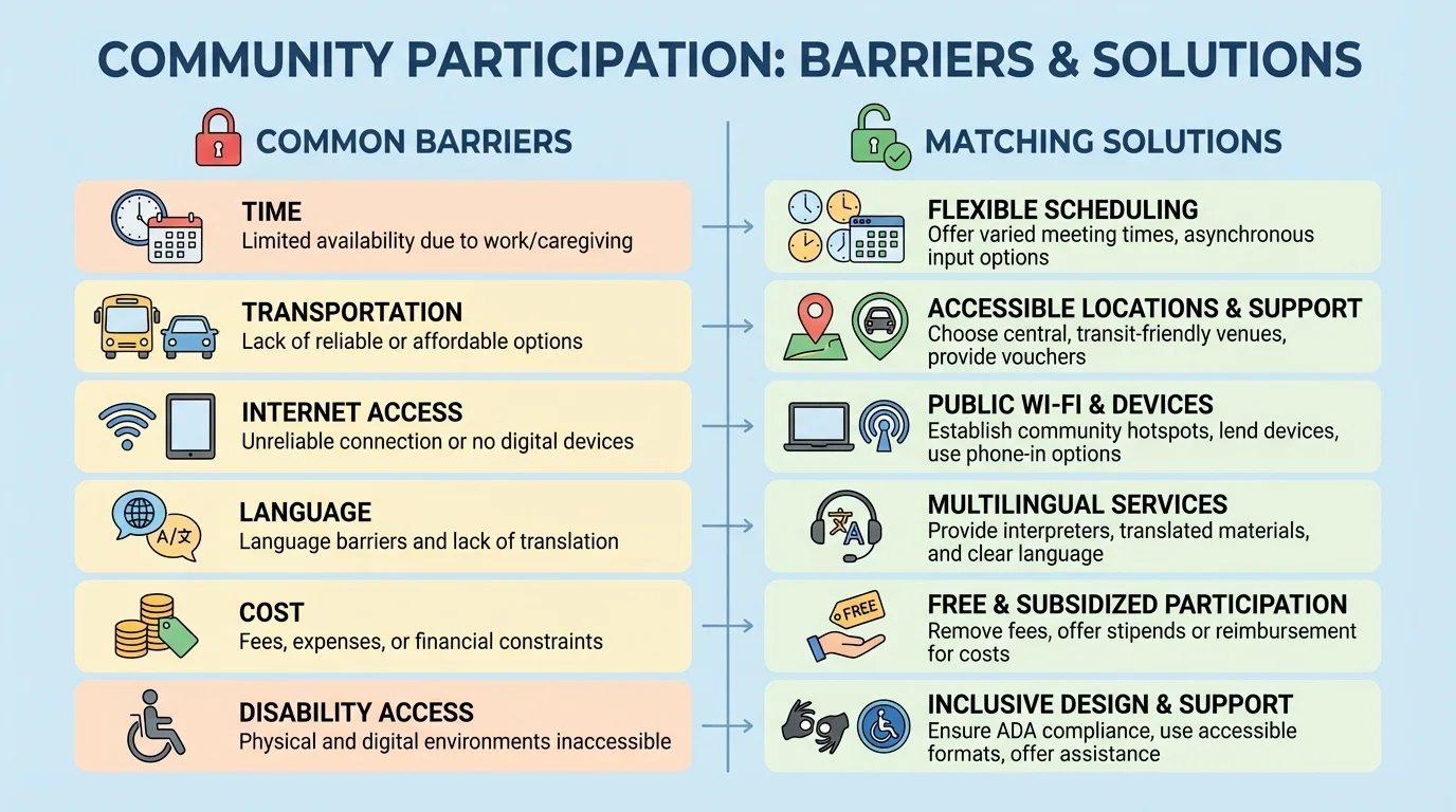 Chart comparing common barriers such as time, transportation, internet access, language, cost, and disability access with matching solutions