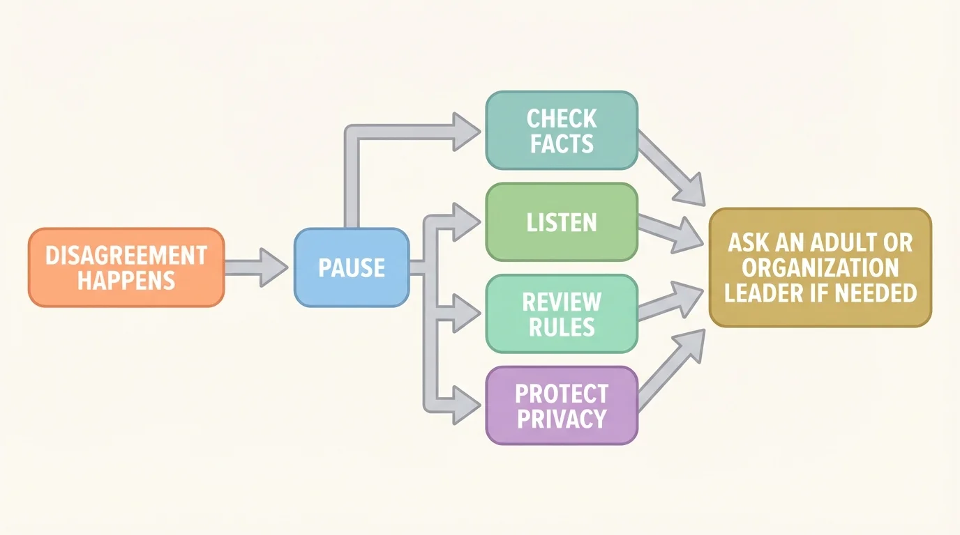 Flowchart showing choices when a disagreement happens pause, check facts, listen, review rules, protect privacy, ask an adult or organization leader if needed