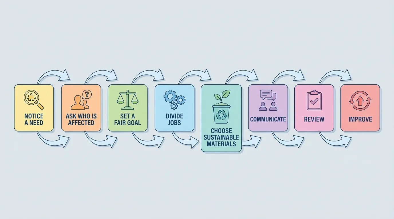Flowchart with steps notice a need, ask who is affected, set a fair goal, divide jobs, choose sustainable materials, communicate, review, improve