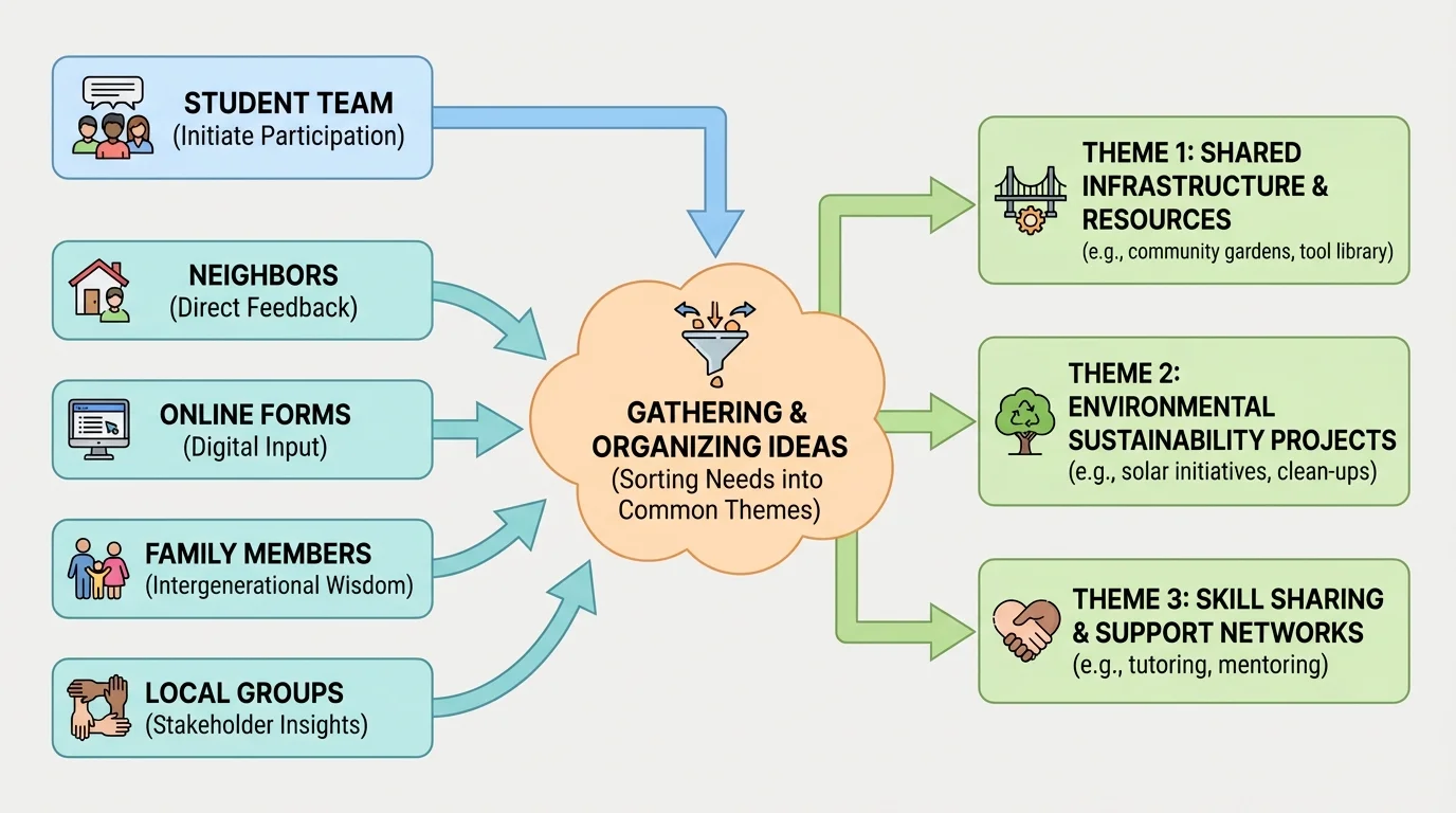 Flowchart showing a student team gathering ideas from neighbors, online forms, family members, and local groups, then sorting needs into common themes