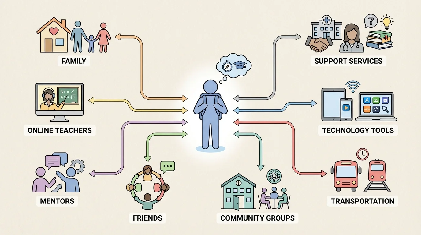 diagram of a student at the center connected by lines to family, online teachers, mentors, friends, community groups, technology tools, transportation, and support services