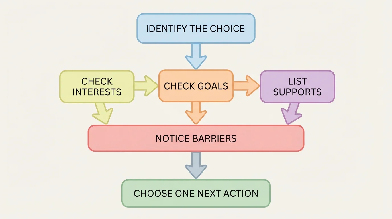 flowchart with boxes labeled identify the choice, check interests, check goals, list supports, notice barriers, choose one next action