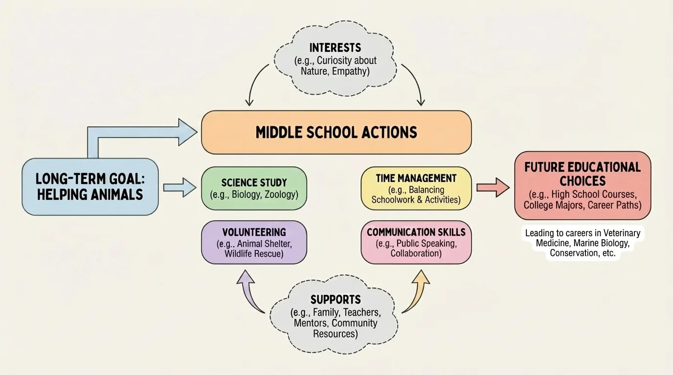 flowchart showing a long-term goal such as helping animals leading to middle school actions like science study, volunteering, time management, and communication skills