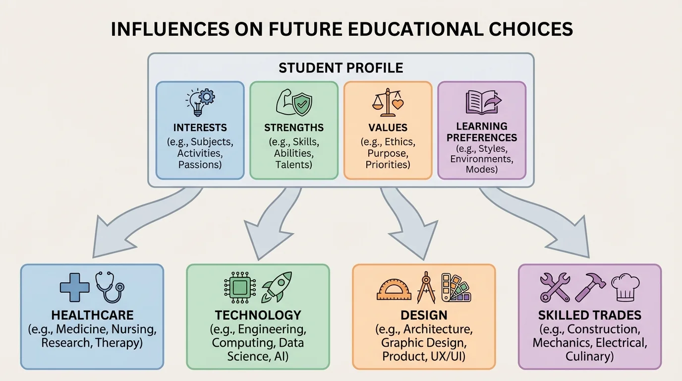 chart showing a student profile with four boxes labeled interests, strengths, values, and learning preferences, with arrows leading to possible future fields like healthcare, technology, design, and skilled trades