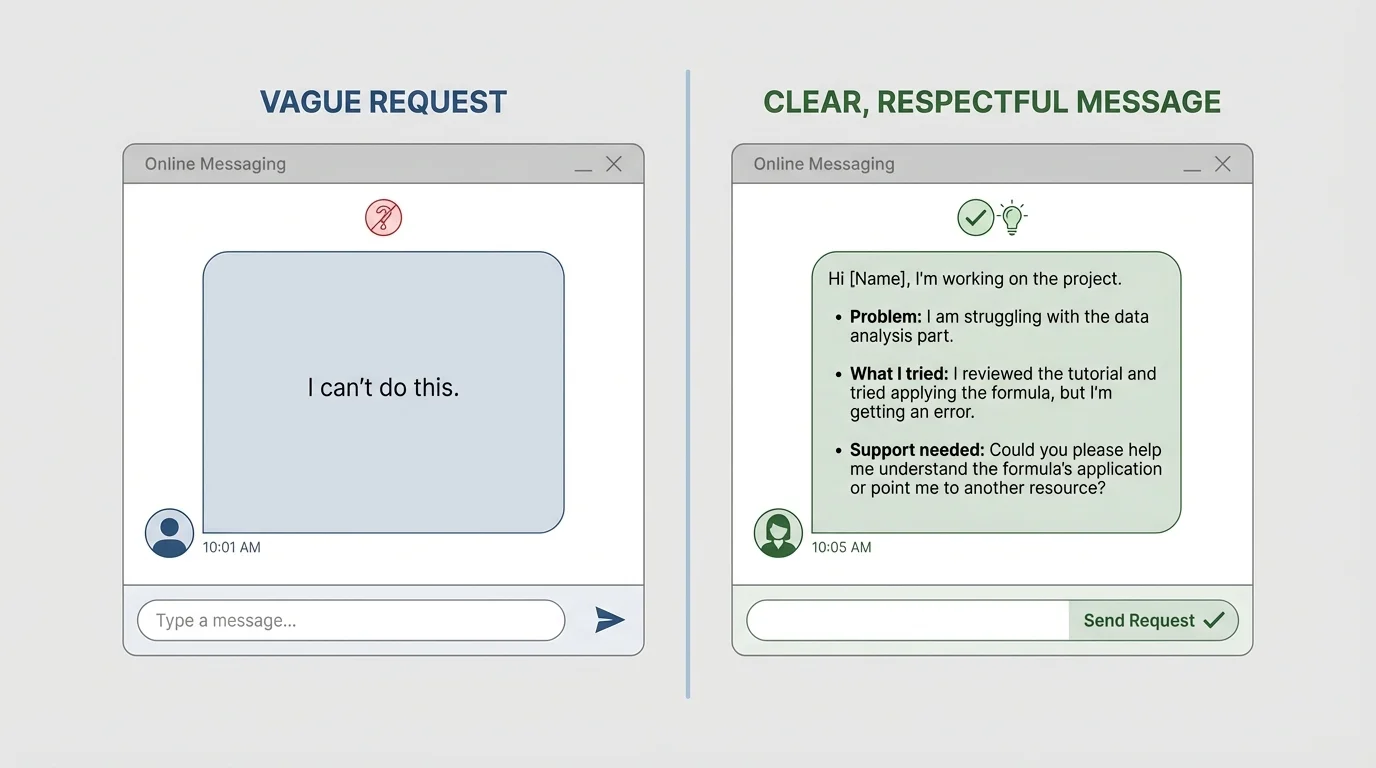 Split-screen online message window comparing a vague request like "I can't do this" with a clear respectful message explaining the problem, what was tried, and the support needed