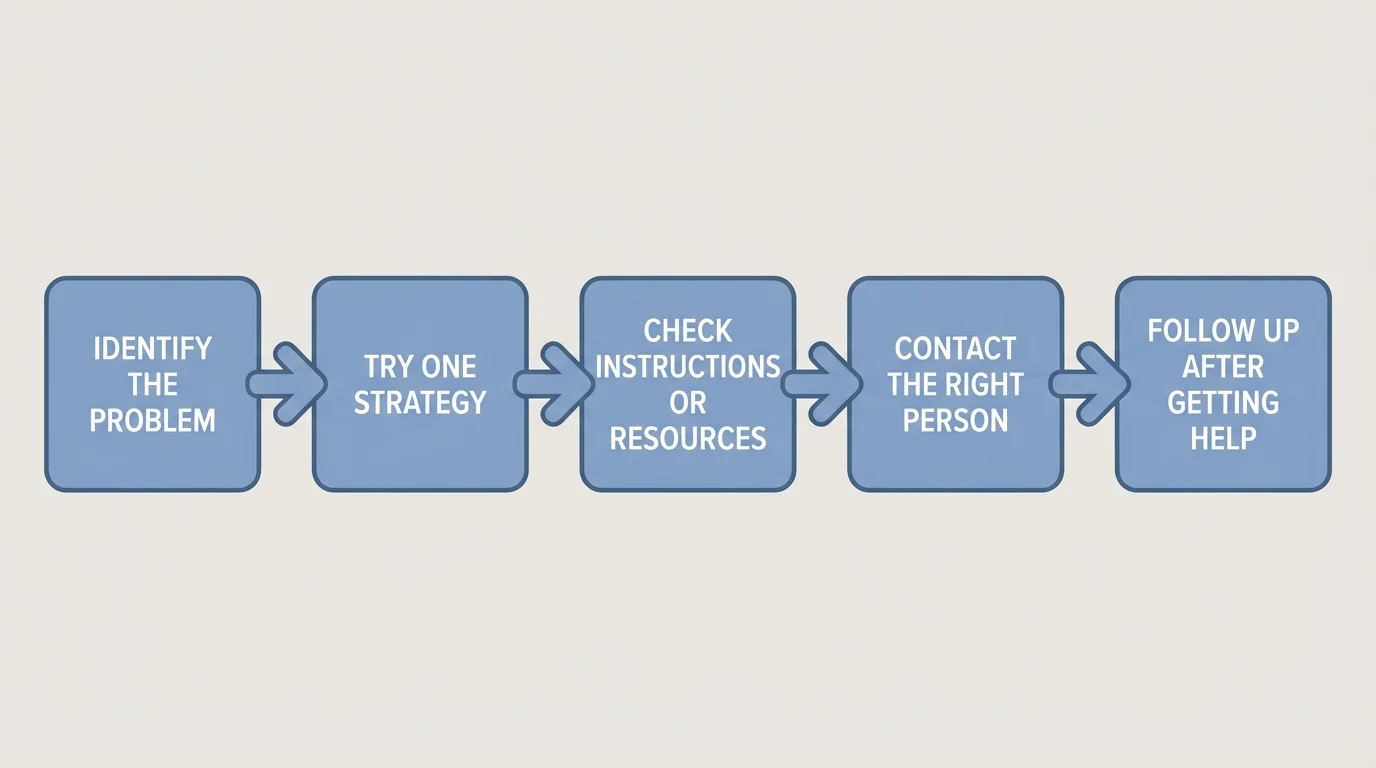Decision flow for help-seeking with boxes labeled identify the problem, try one strategy, check instructions or resources, contact the right person, and follow up after getting help