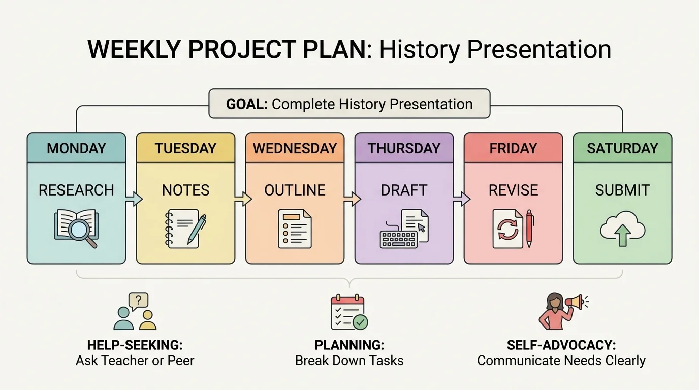Weekly planning chart with one project split into boxes for Monday research, Tuesday notes, Wednesday outline, Thursday draft, Friday revise, Saturday submit