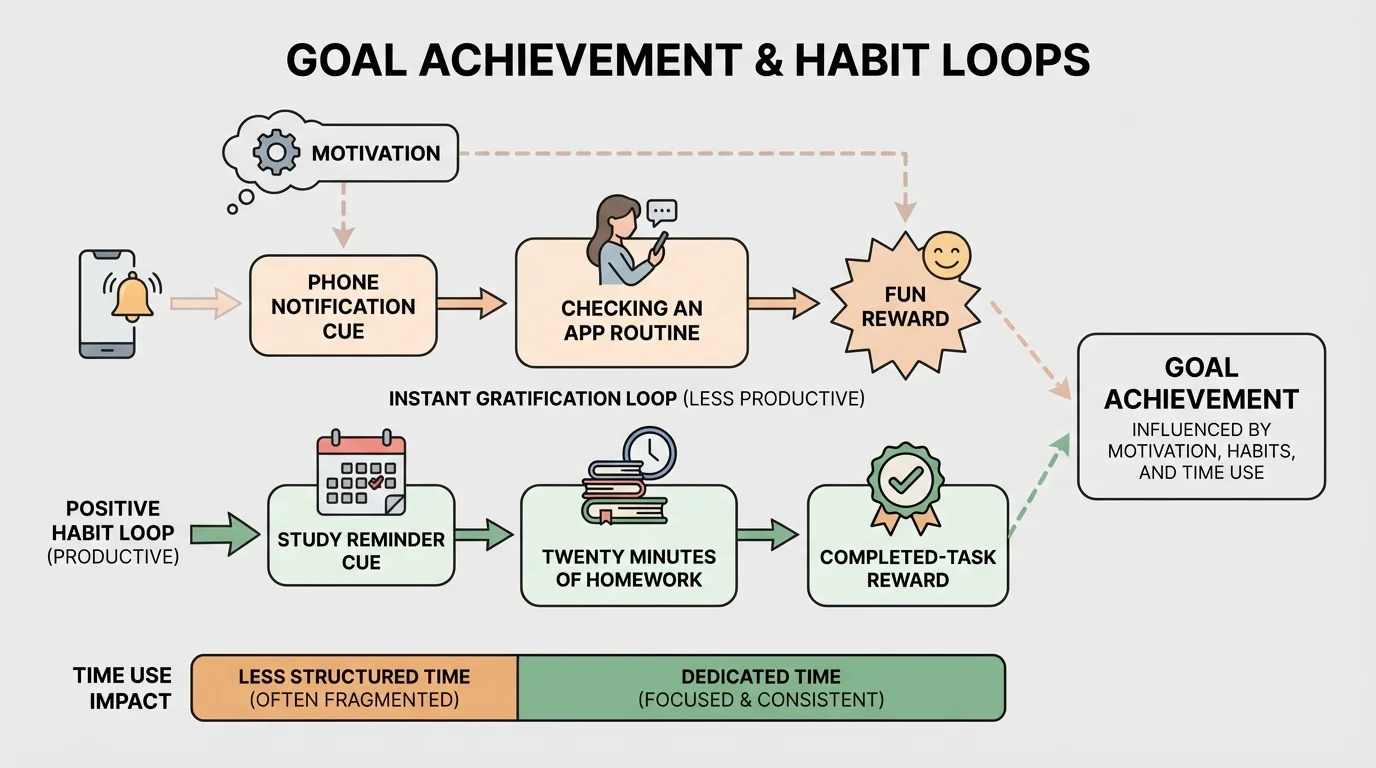 flowchart showing a phone notification cue leading to checking an app routine and fun reward, alongside a positive loop with a study reminder cue leading to twenty minutes of homework and a completed-task reward