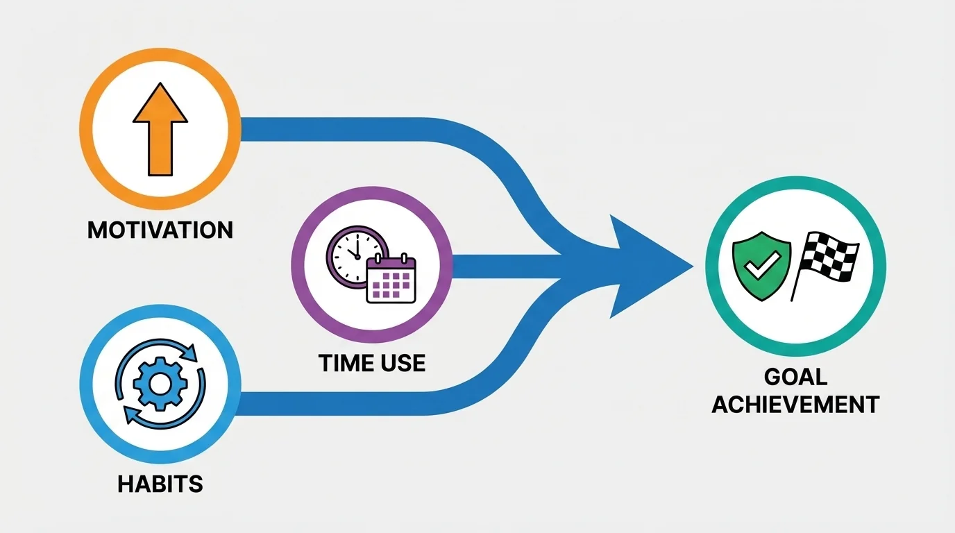 diagram with three connected circles labeled motivation, habits, and time use, all pointing toward a completed goal such as a checked flag or finish marker