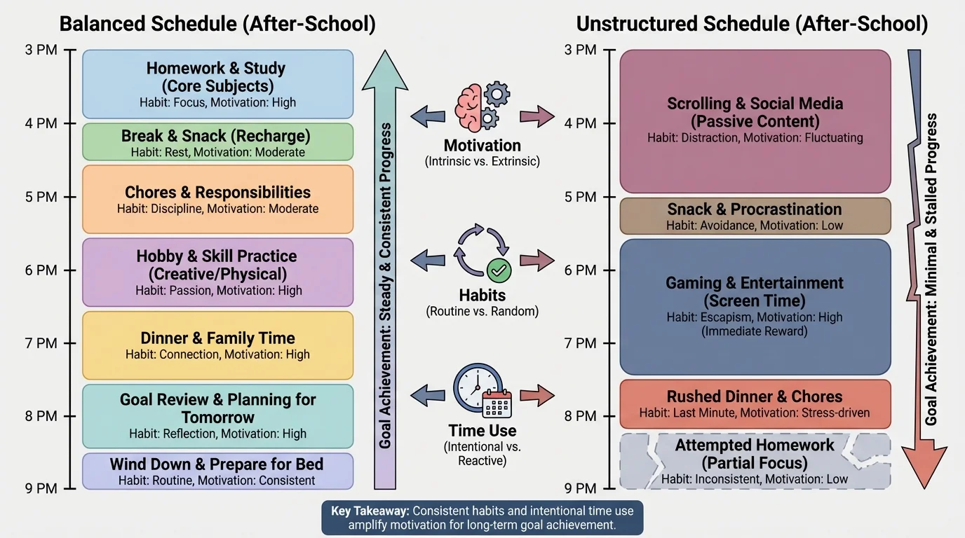 chart comparing two after-school schedules for one student, one balanced with homework, break, chores, and hobby time, and one heavily broken by long scrolling and gaming blocks