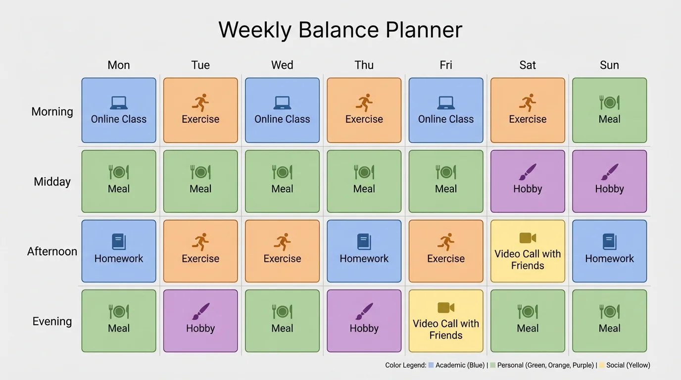 Weekly planner with color-coded blocks for online classes, homework, meals, exercise, hobbies, and video call with friends