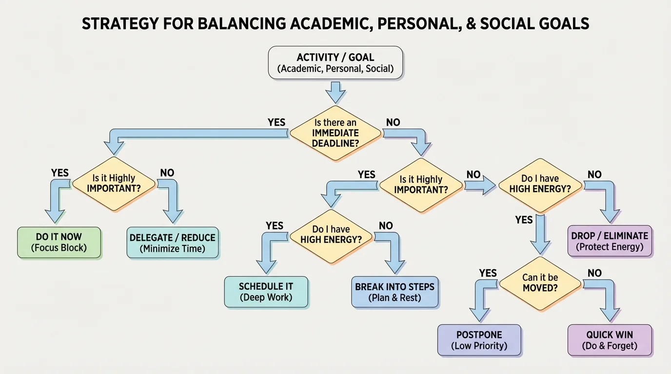 Simple decision flowchart asking deadline, importance, energy level, and whether activity can be moved