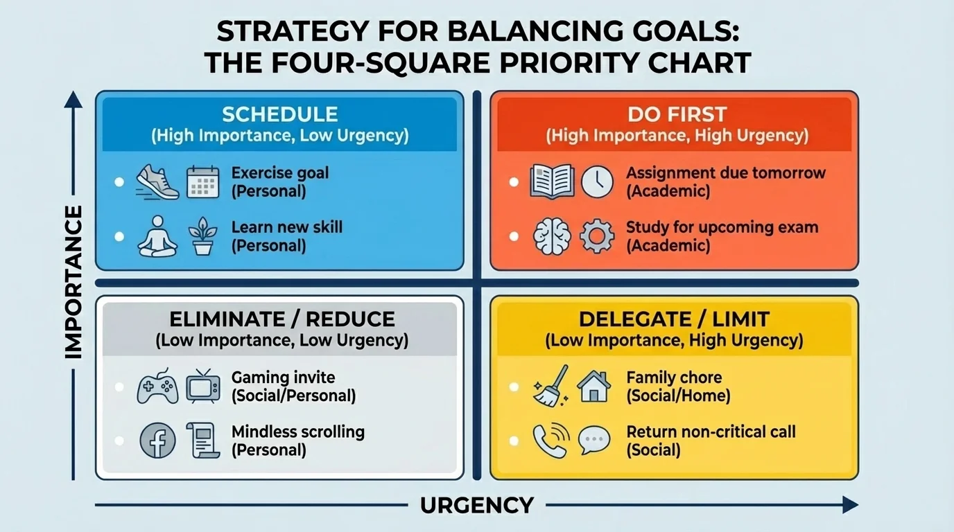 Four-square priority chart with examples such as assignment due tomorrow, exercise goal, gaming invite, and family chore