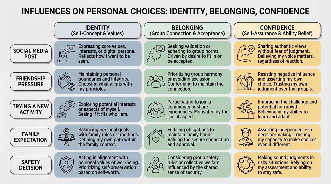 comparison chart with rows for social media post, friendship pressure, trying a new activity, family expectation, safety decision and columns identity, belonging, confidence