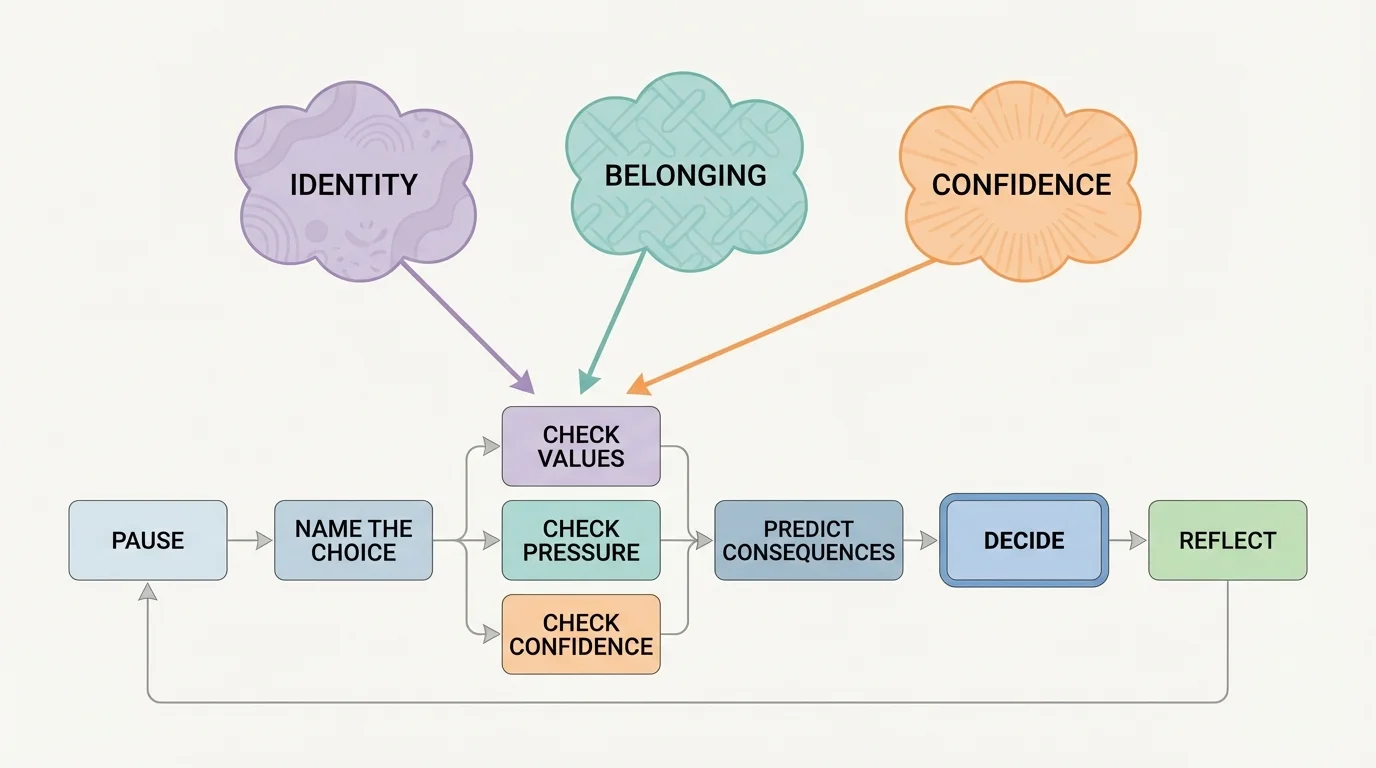 decision process with boxes labeled pause, name the choice, check values, check pressure, check confidence, predict consequences, decide, reflect