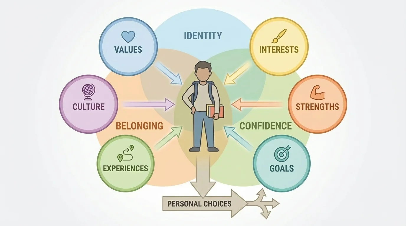student at center surrounded by labeled circles for values, interests, culture, strengths, experiences, and goals