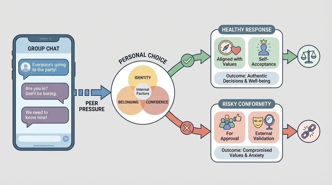 student receives pressure in a group chat, then branches toward healthy response aligned with values or risky conformity for approval
