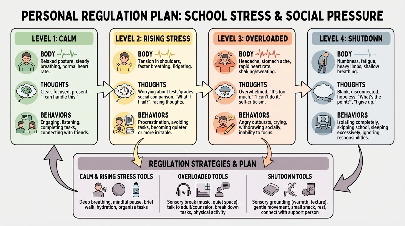 Flowchart showing four stress levels—calm, rising stress, overloaded, shutdown—with examples of body, thoughts, and behaviors at each level