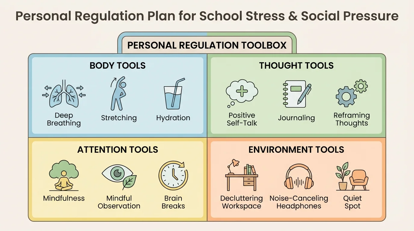 Chart showing a personal regulation toolbox with four sections: body tools, thought tools, attention tools, and environment tools, each with simple examples