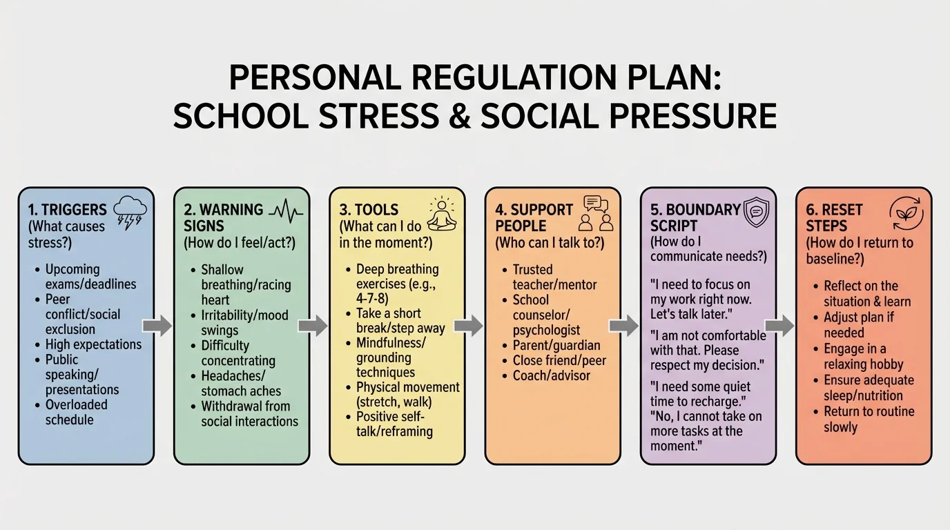 Flowchart-style personal regulation plan template with boxes for triggers, warning signs, tools, support people, boundary script, and reset steps