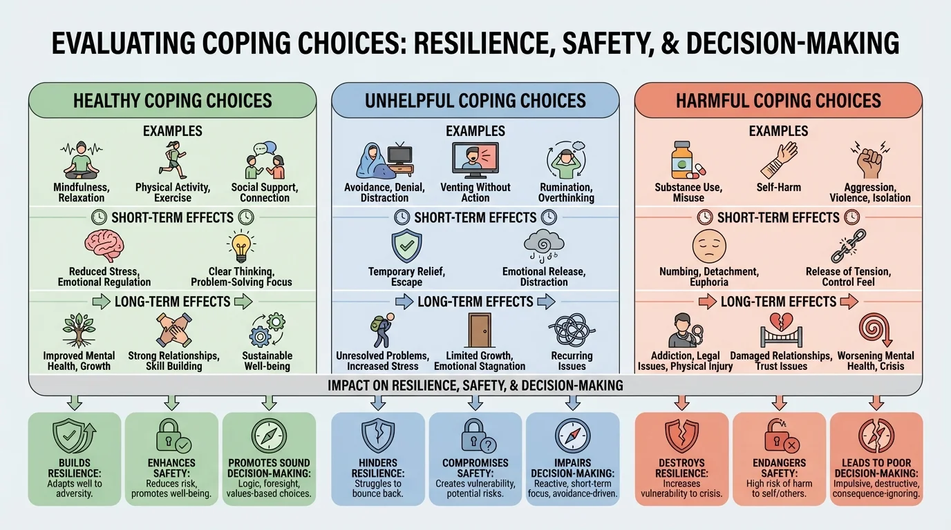 chart comparing healthy, unhelpful, and harmful coping choices with examples and short-term versus long-term effects