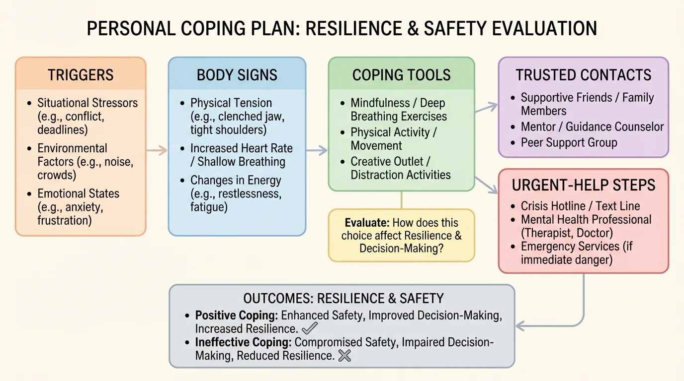 illustrated personal coping plan template with boxes for triggers, body signs, coping tools, trusted contacts, and urgent-help steps