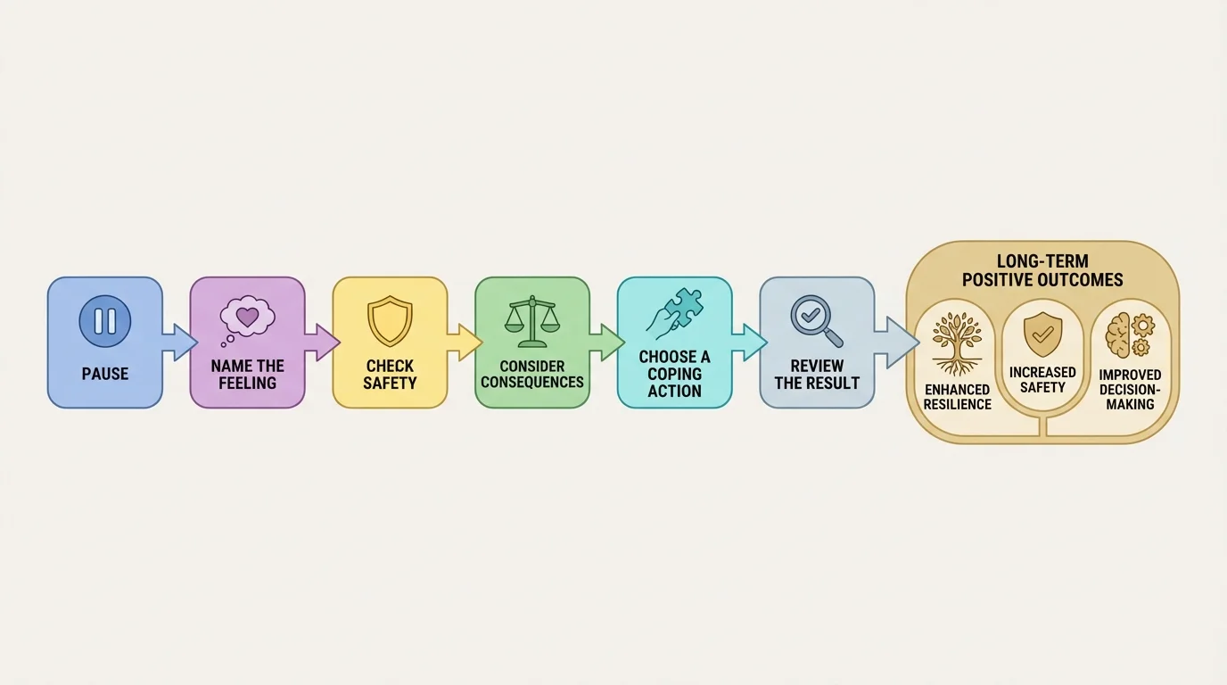 flowchart showing pause, name the feeling, check safety, consider consequences, choose a coping action, and review the result
