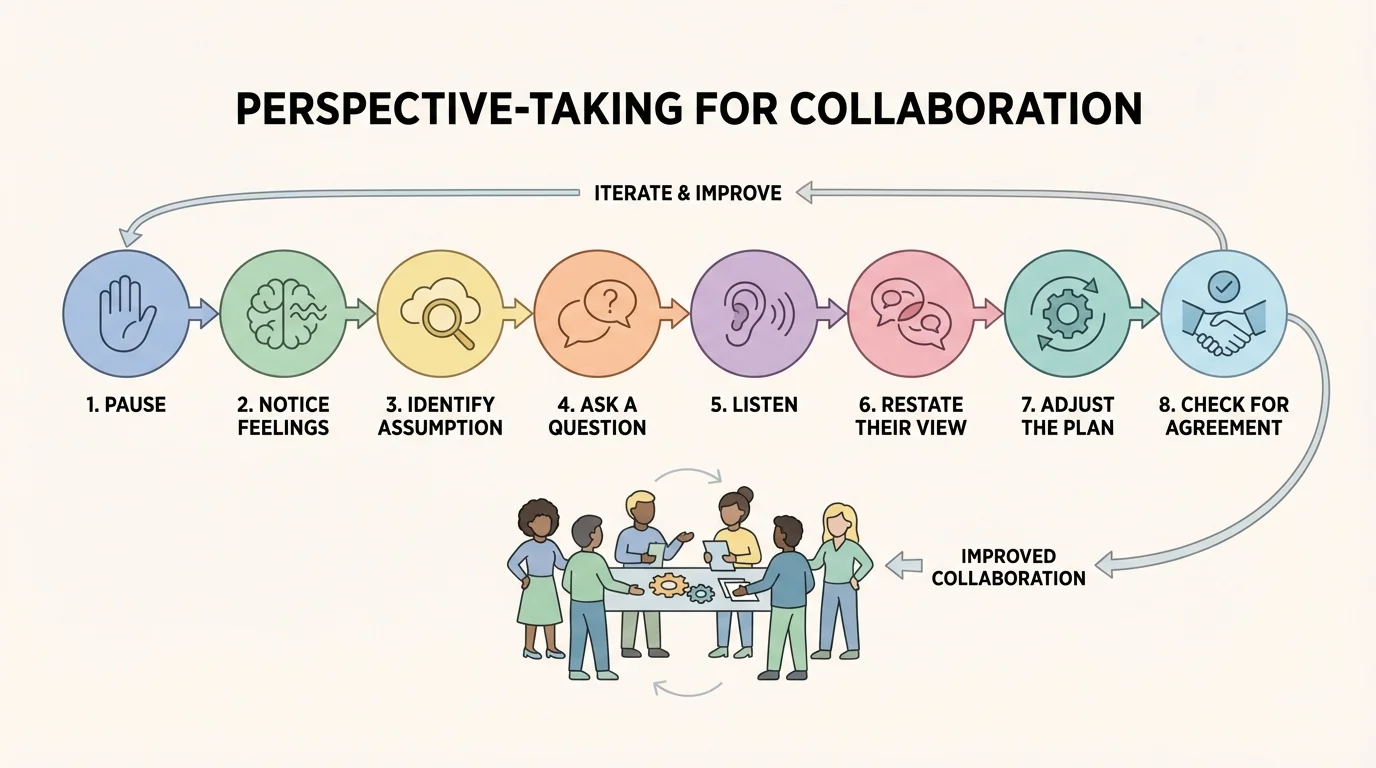 Perspective-taking steps in order: pause, notice feelings, identify assumption, ask a question, listen, restate their view, adjust the plan, check for agreement