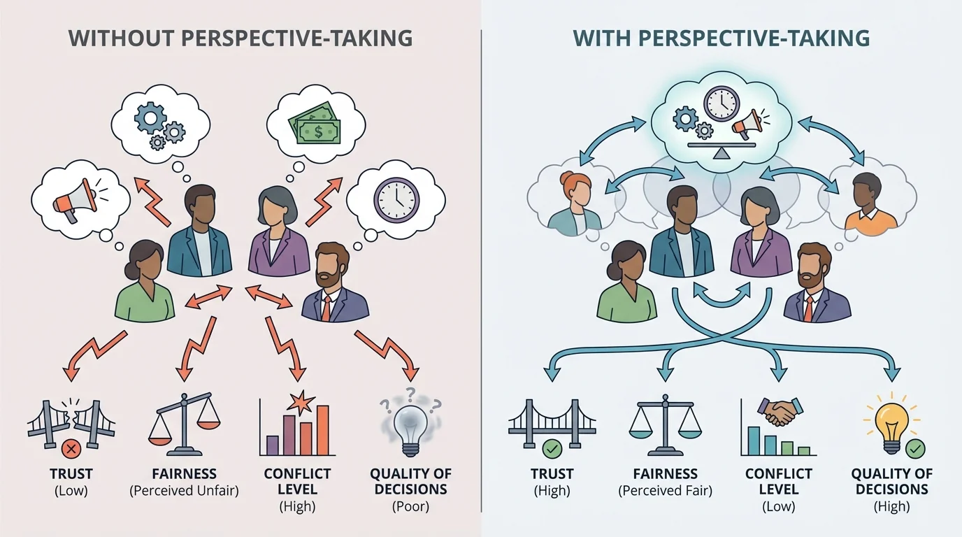 Side-by-side comparison of group outcomes without perspective-taking versus with perspective-taking, including trust, fairness, conflict level, and quality of decisions