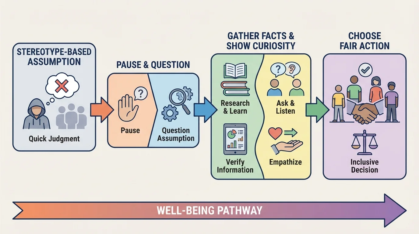 thought process from quick stereotype-based assumption to pause, question the assumption, gather facts, show curiosity, and choose fair action