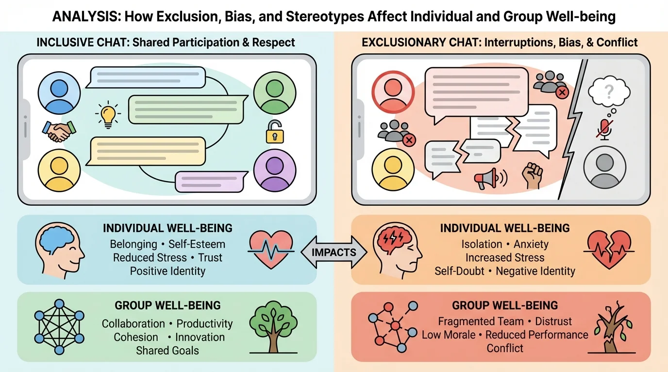 comparison chart of two online group chats, one inclusive with equal participation, respect, and trust, and one exclusionary with interruptions, stereotypes, silence, and conflict