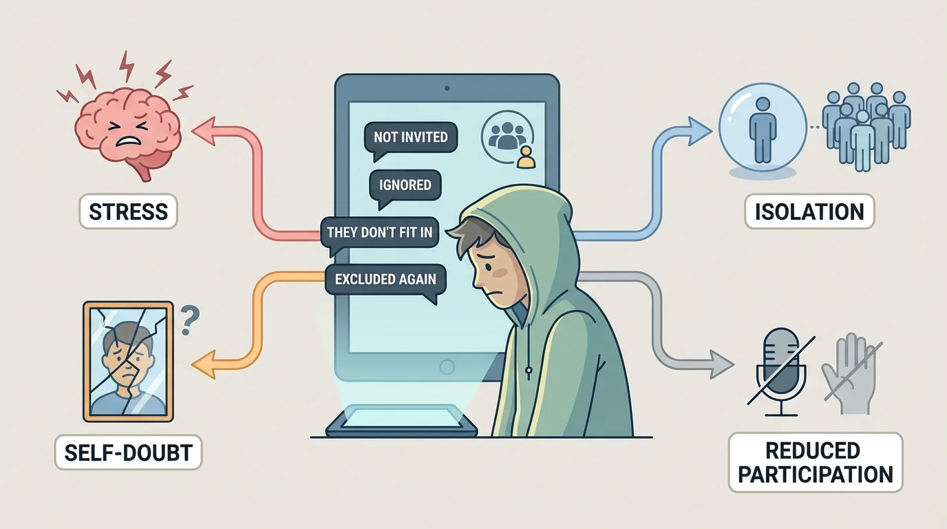one teen receiving exclusionary messages in an online group chat while labeled effects branch outward to stress, self-doubt, isolation, and reduced participation
