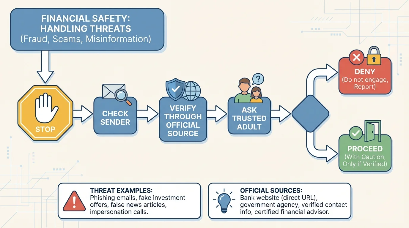 Flowchart with steps stop, check sender, verify through official source, ask trusted adult, then decide deny or proceed
