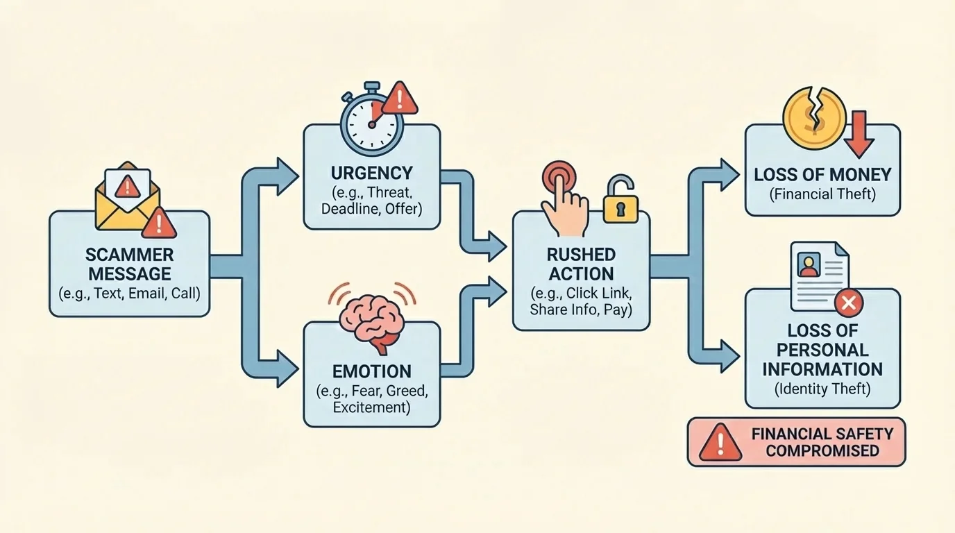 Flowchart showing a scammer message leading through urgency, emotion, rushed action, and loss of money or personal information