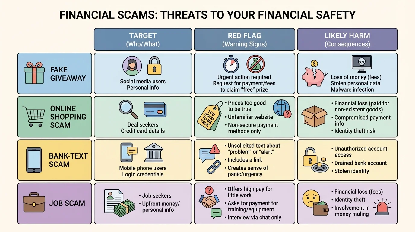 Chart comparing fake giveaway, online shopping scam, bank-text scam, and job scam with target, red flag, and likely harm