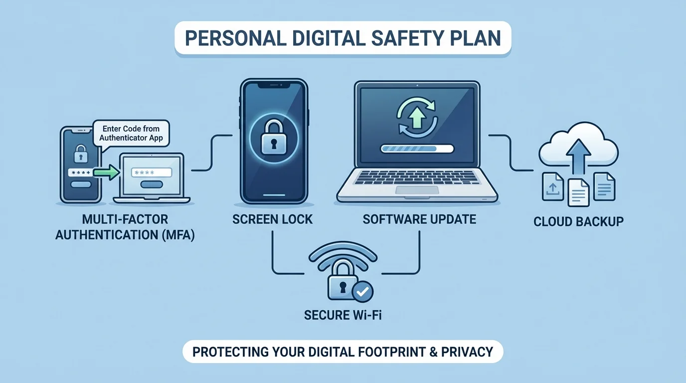 Diagram showing a phone and laptop with screen lock, multi-factor authentication prompt, software update symbol, backup cloud, and secure Wi-Fi lock icon