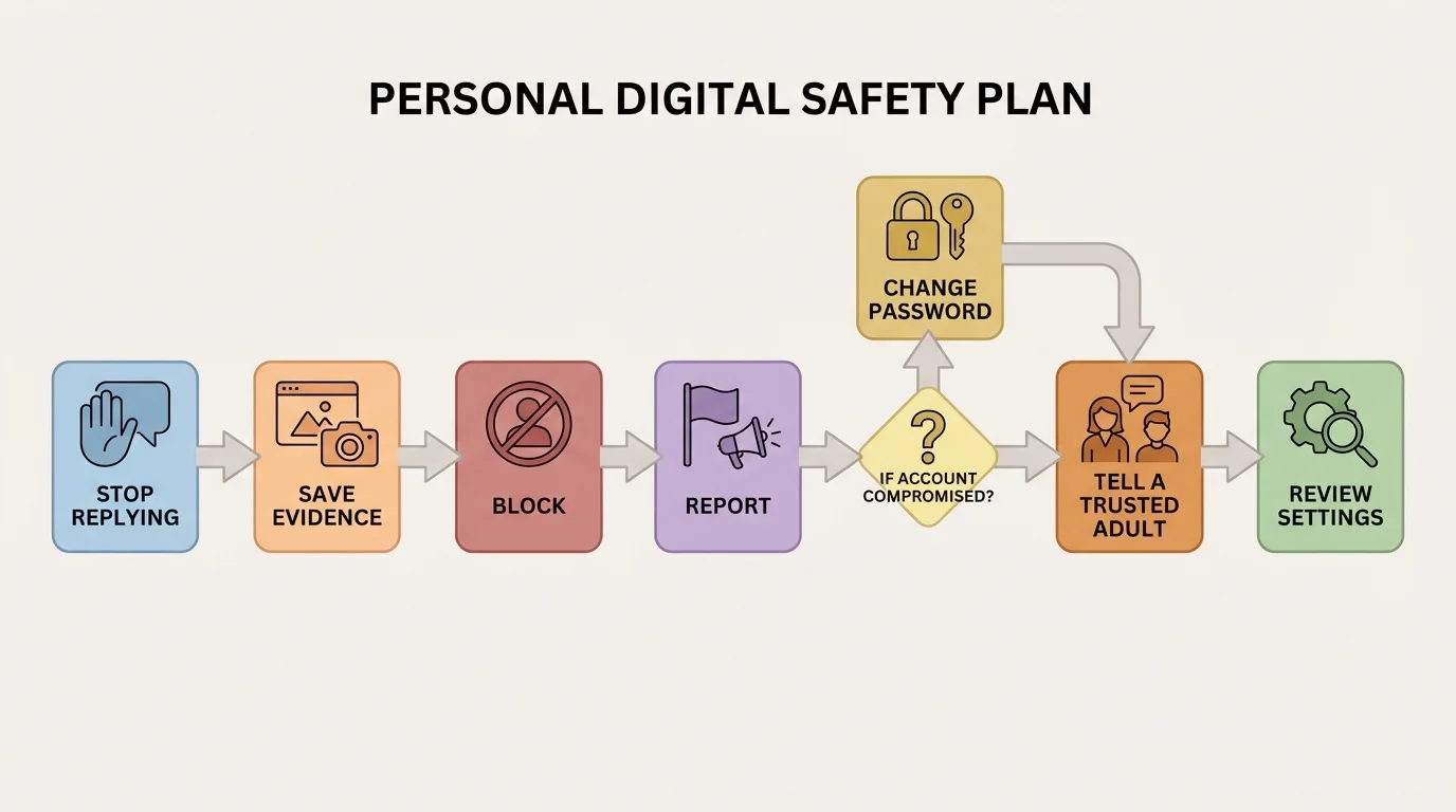 Flowchart showing steps stop replying, save evidence, block, report, change password if needed, tell trusted adult, and review settings