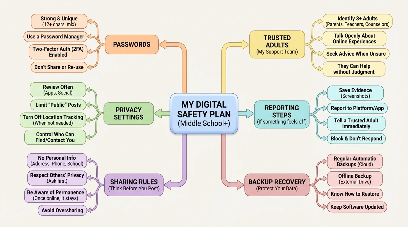 Flowchart showing a digital safety plan with branches for passwords, privacy settings, sharing rules, trusted adults, reporting steps, and backup recovery