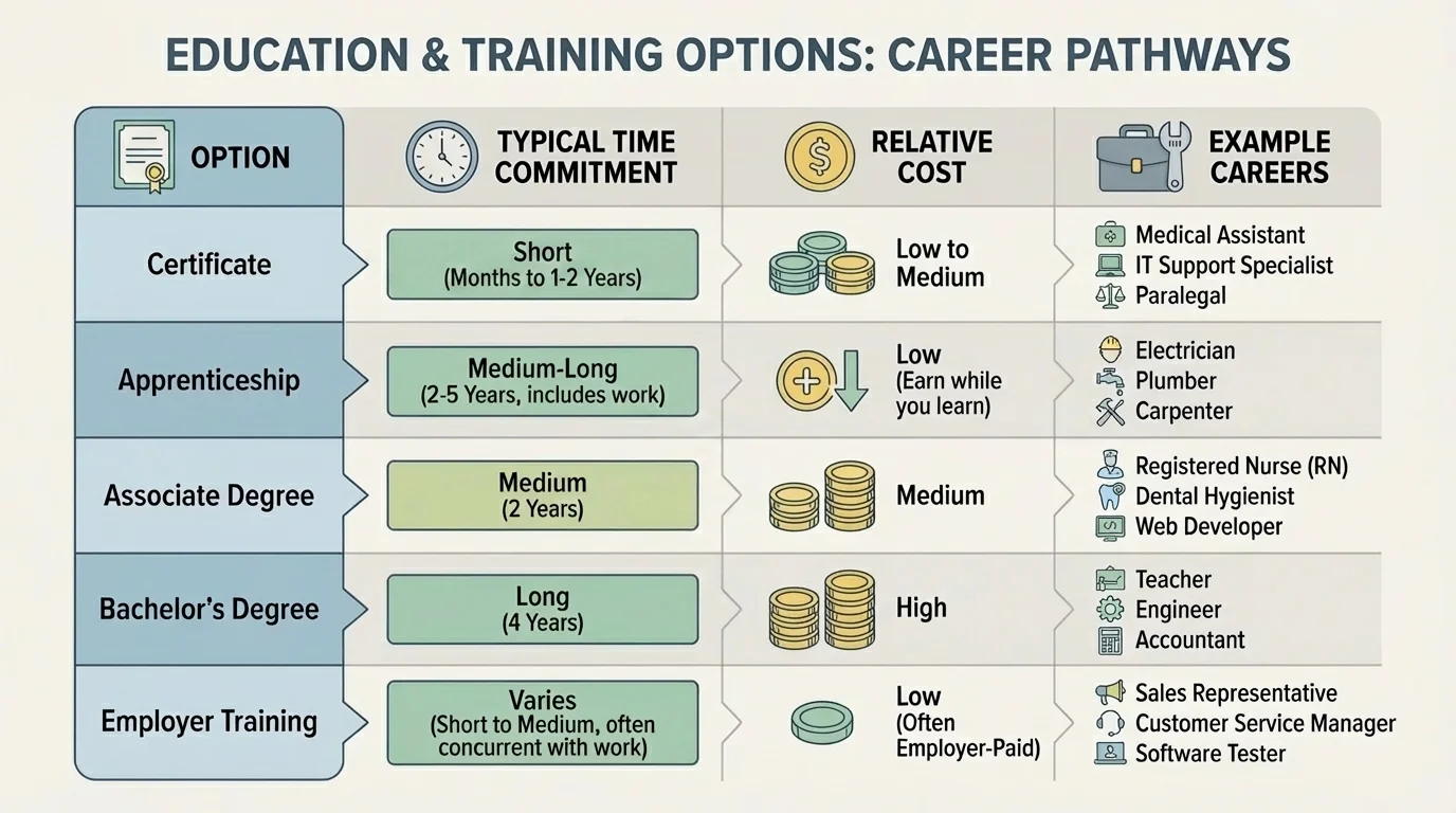 comparison chart of certificate, apprenticeship, associate degree, bachelor's degree, and employer training with columns for time, cost, and example jobs