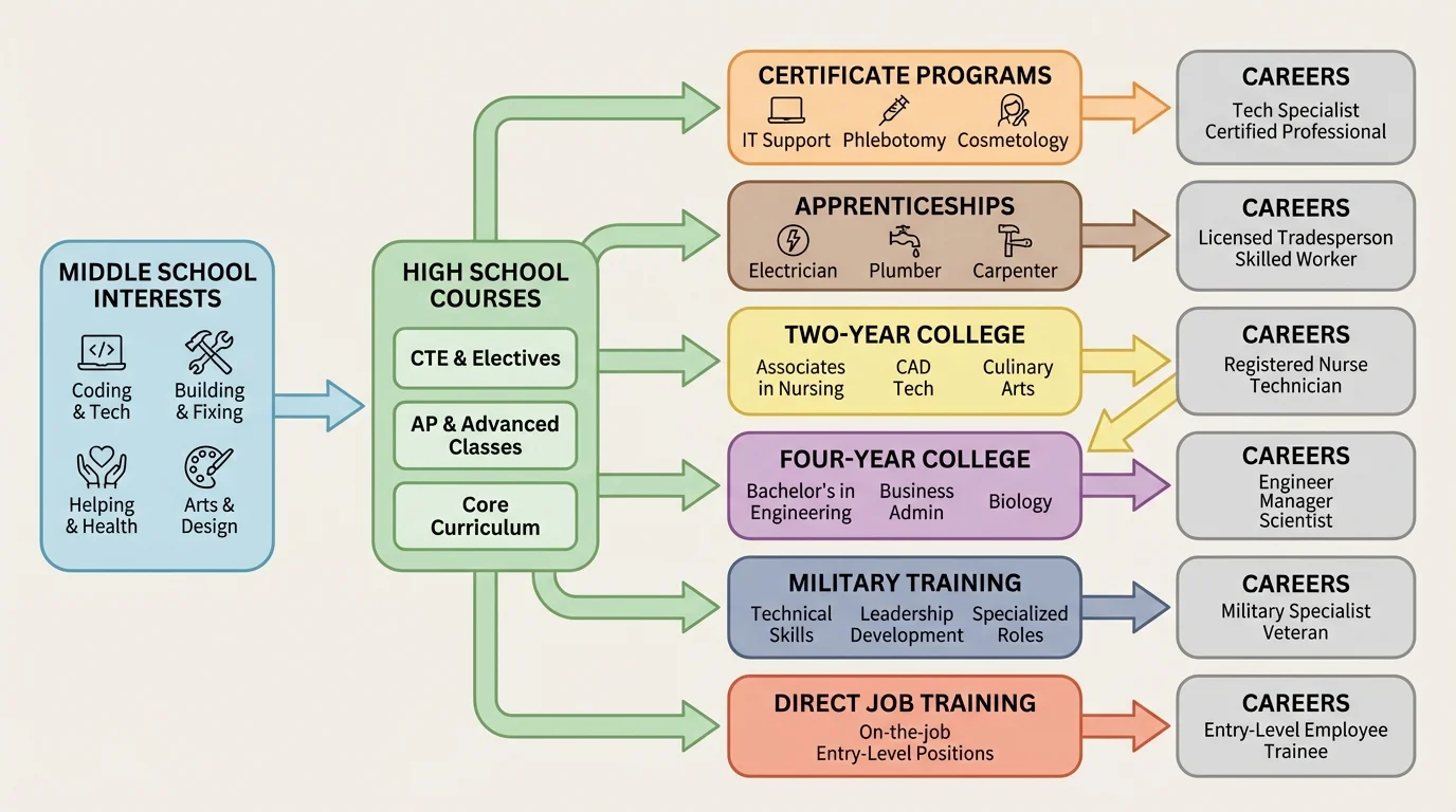 flowchart showing pathways from middle school interests to high school courses, certificate programs, apprenticeships, two-year college, four-year college, military training, and direct job training