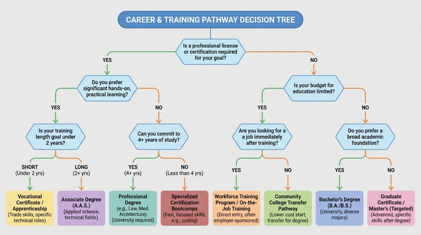 decision tree with questions about required license, hands-on learning preference, budget, training length, and job goal leading to possible training pathways