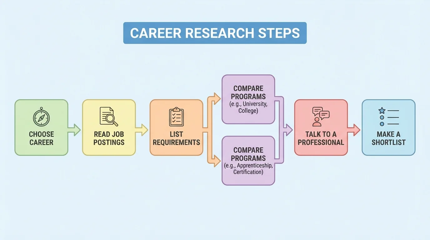 flowchart showing career research steps: choose career, read job postings, list requirements, compare programs, talk to a professional, and make a shortlist