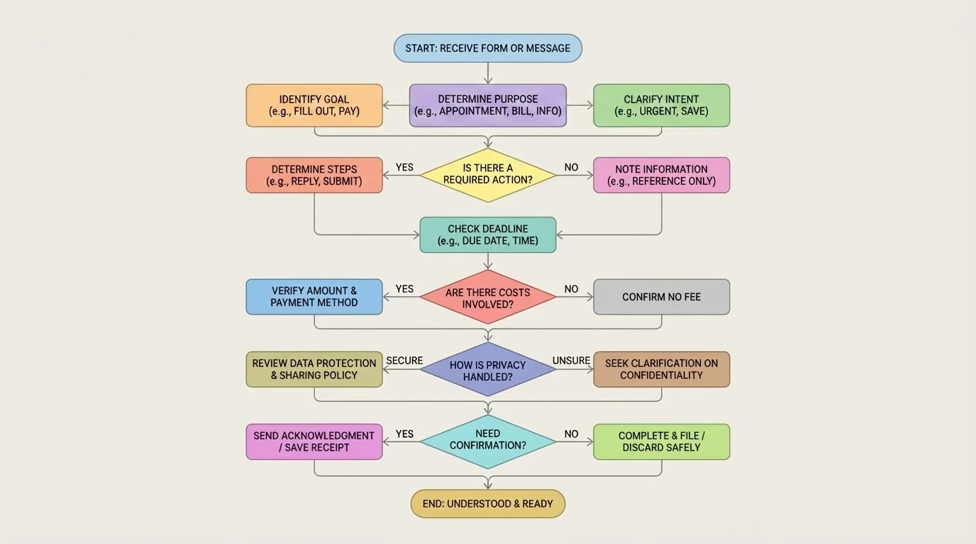 Decision flowchart for checking purpose, required action, deadline, cost, privacy, and confirmation when reading a form or service message