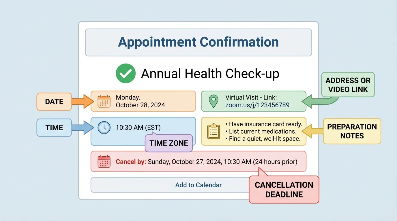 Appointment confirmation screen with callouts for date, time, time zone, address or video link, preparation notes, and cancellation deadline